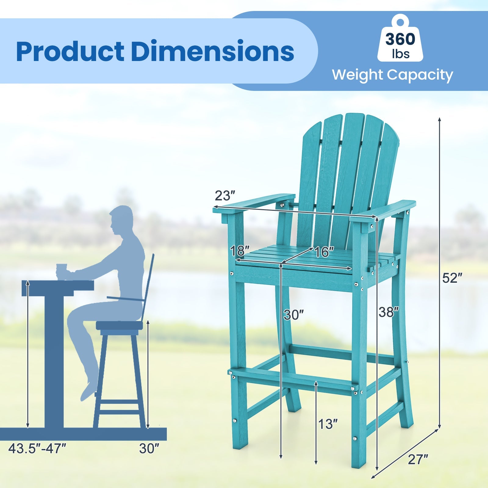 Set of 2 Counter Height Outdoor HDPE Bar Stool with Armrests and Footrest