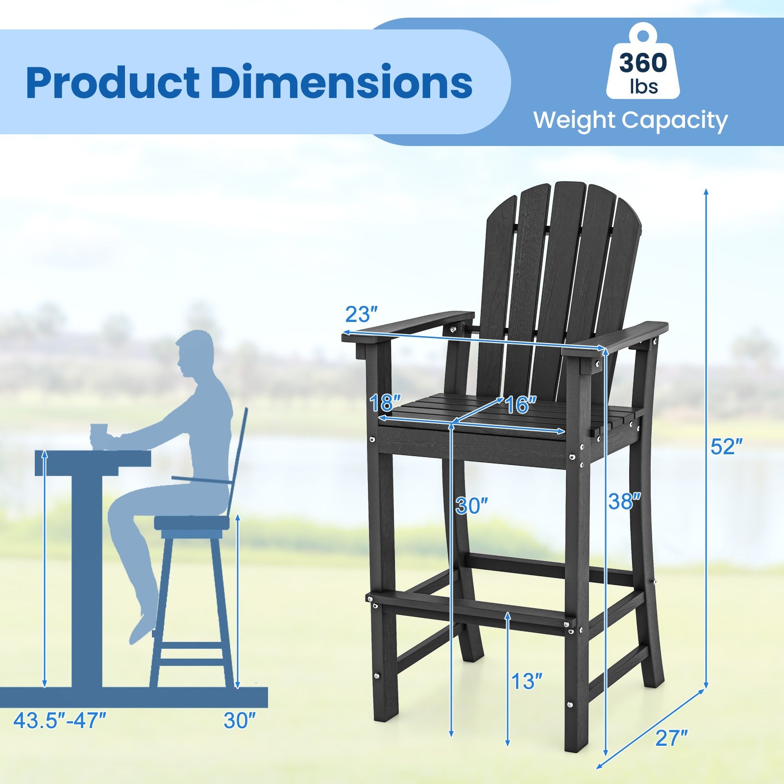 Set of 2 Counter Height Outdoor HDPE Bar Stool with Armrests and Footrest