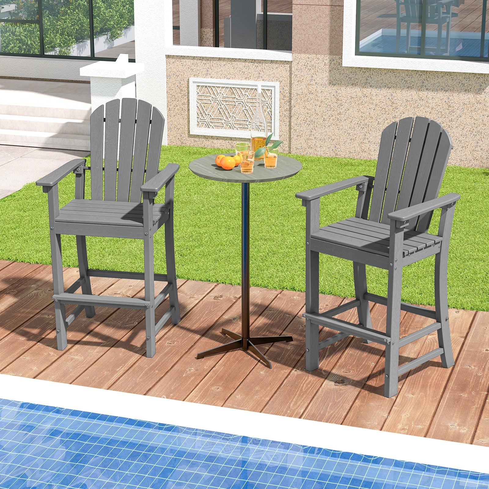 Set of 2 Counter Height Outdoor HDPE Bar Stool with Armrests and Footrest
