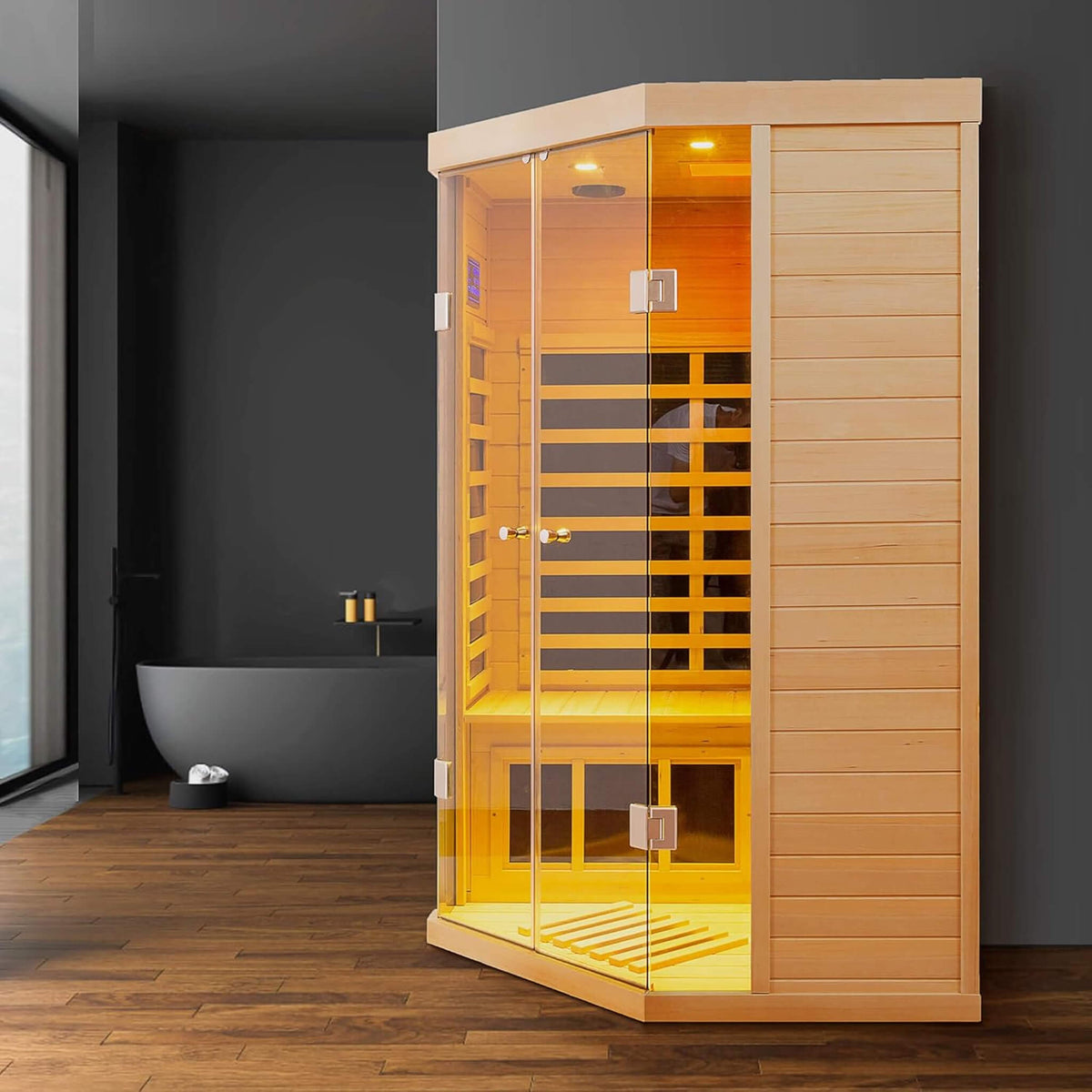Thermora Norix Premium 2-Person Corner Space Infrared Wooden Sauna Room With Bluetooth Speakers, 1600W