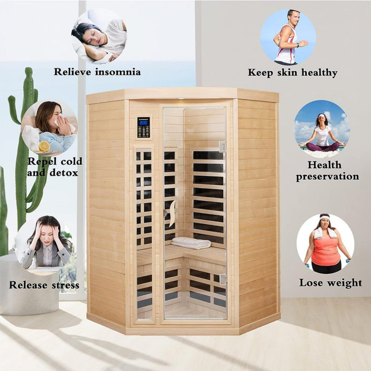 Thermora Norix Premium 2-Person Corner Space Infrared Wooden Sauna Room With Bluetooth Speakers, 1600W