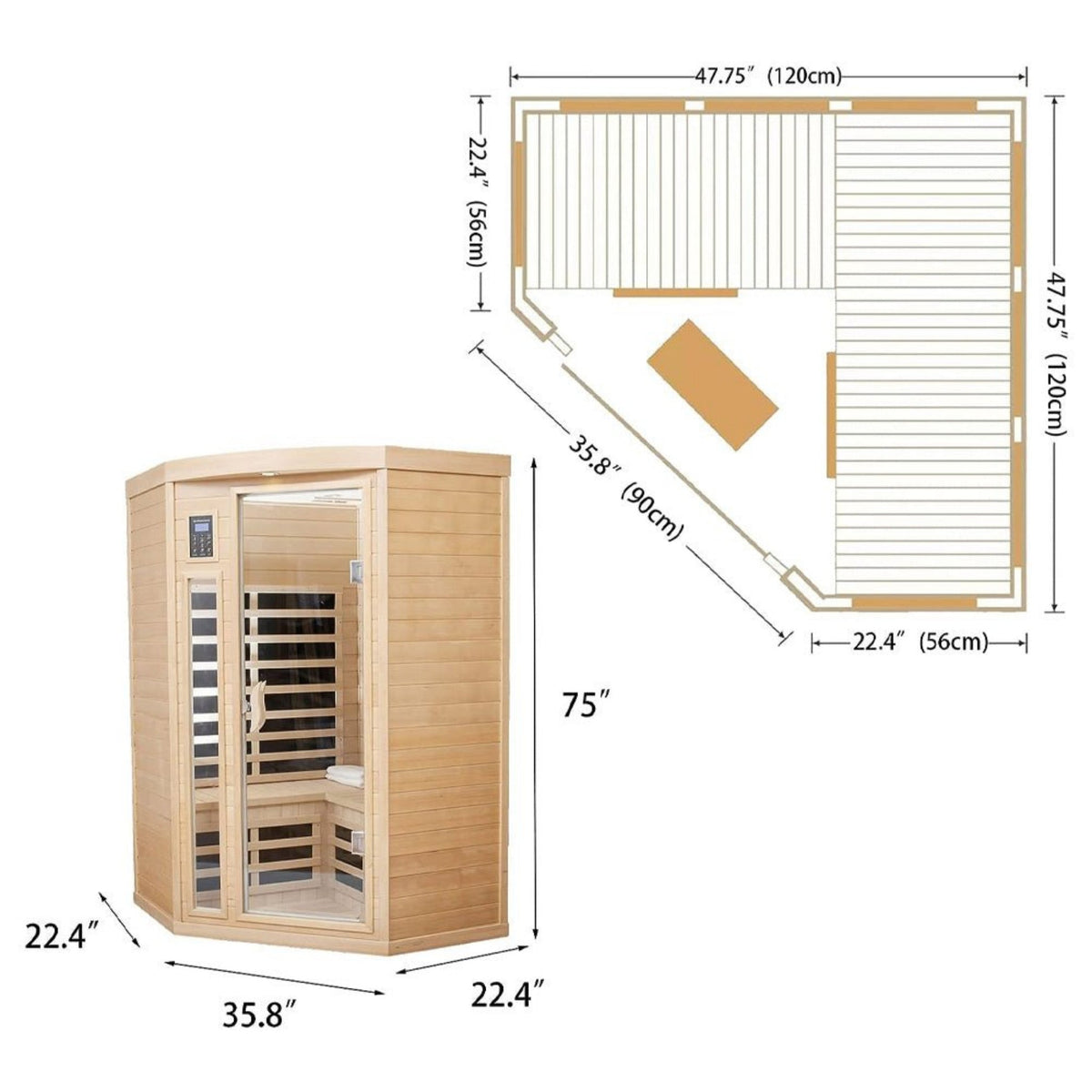 Thermora Norix Premium 2-Person Corner Space Infrared Wooden Sauna Room With Bluetooth Speakers, 1600W
