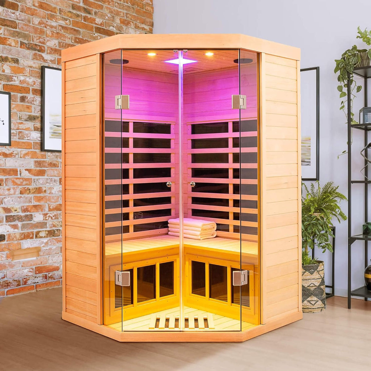 Thermora Norix Premium 2-Person Corner Space Infrared Wooden Sauna Room With Bluetooth Speakers, 1600W
