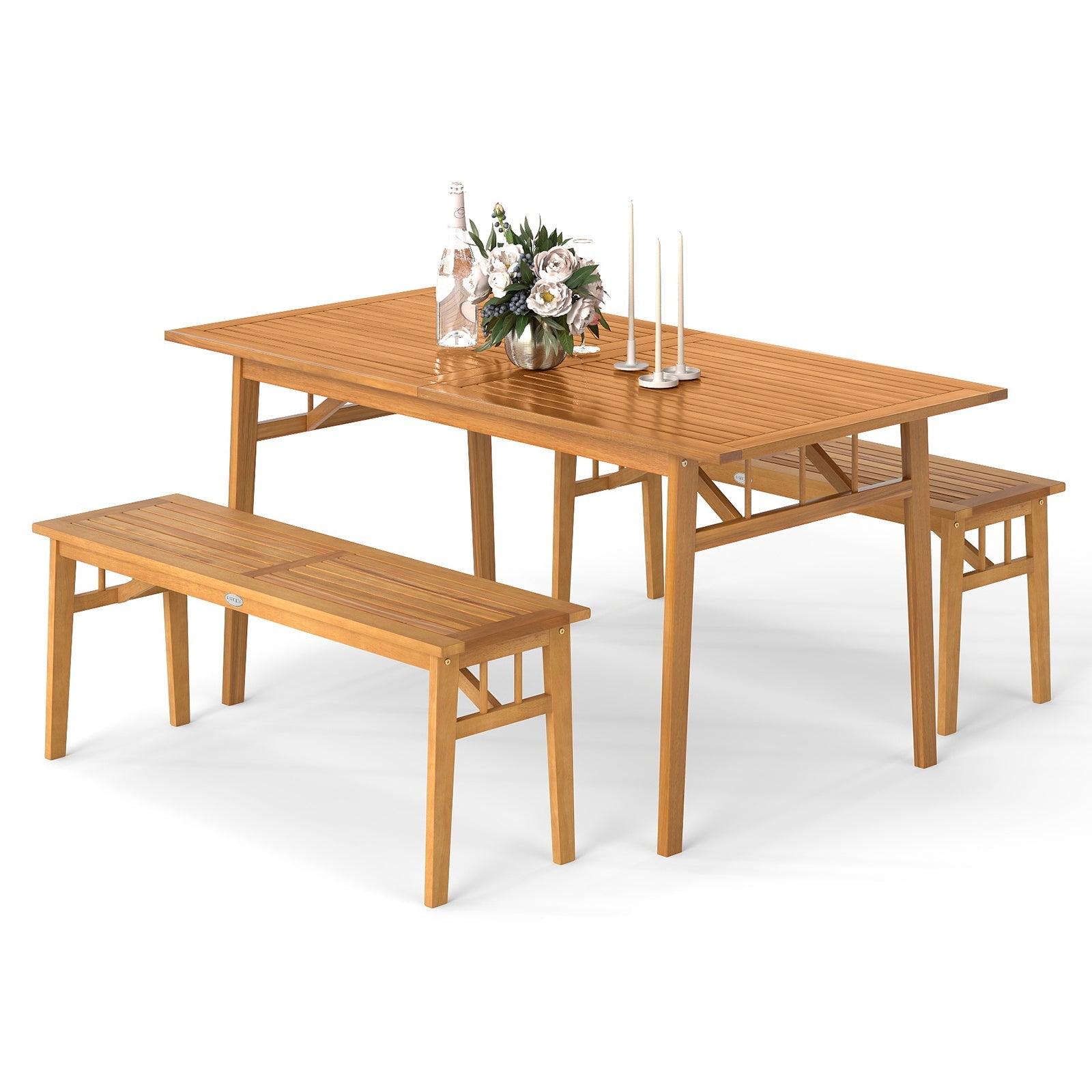 3 Pieces Patio Dining Set Acacia Wood Outdoor Rectangular Picnic Table and 2 Benches