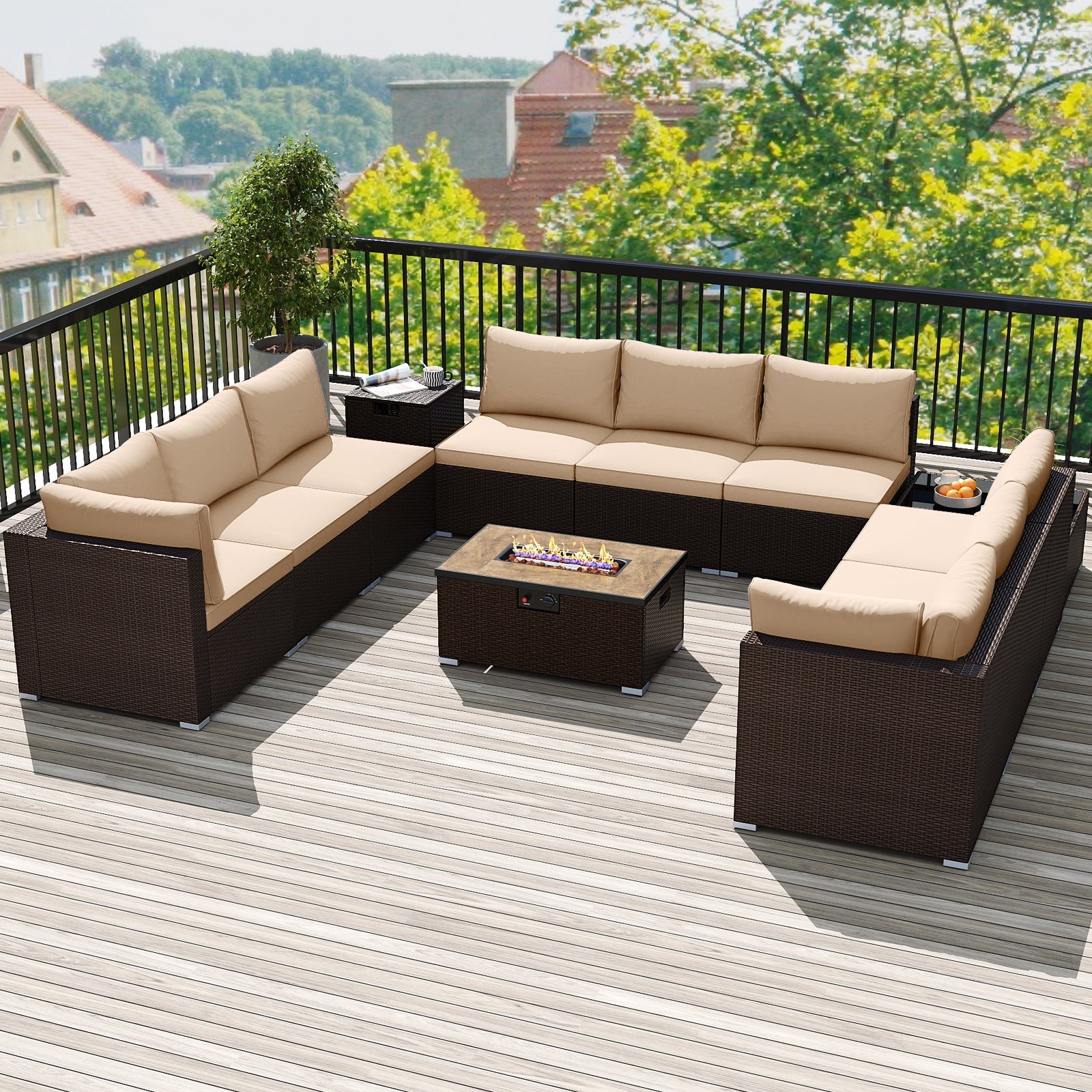 Outdoor PE Rattan Conversation Set with 32” Propane Fire Pit Table and Tank Holder