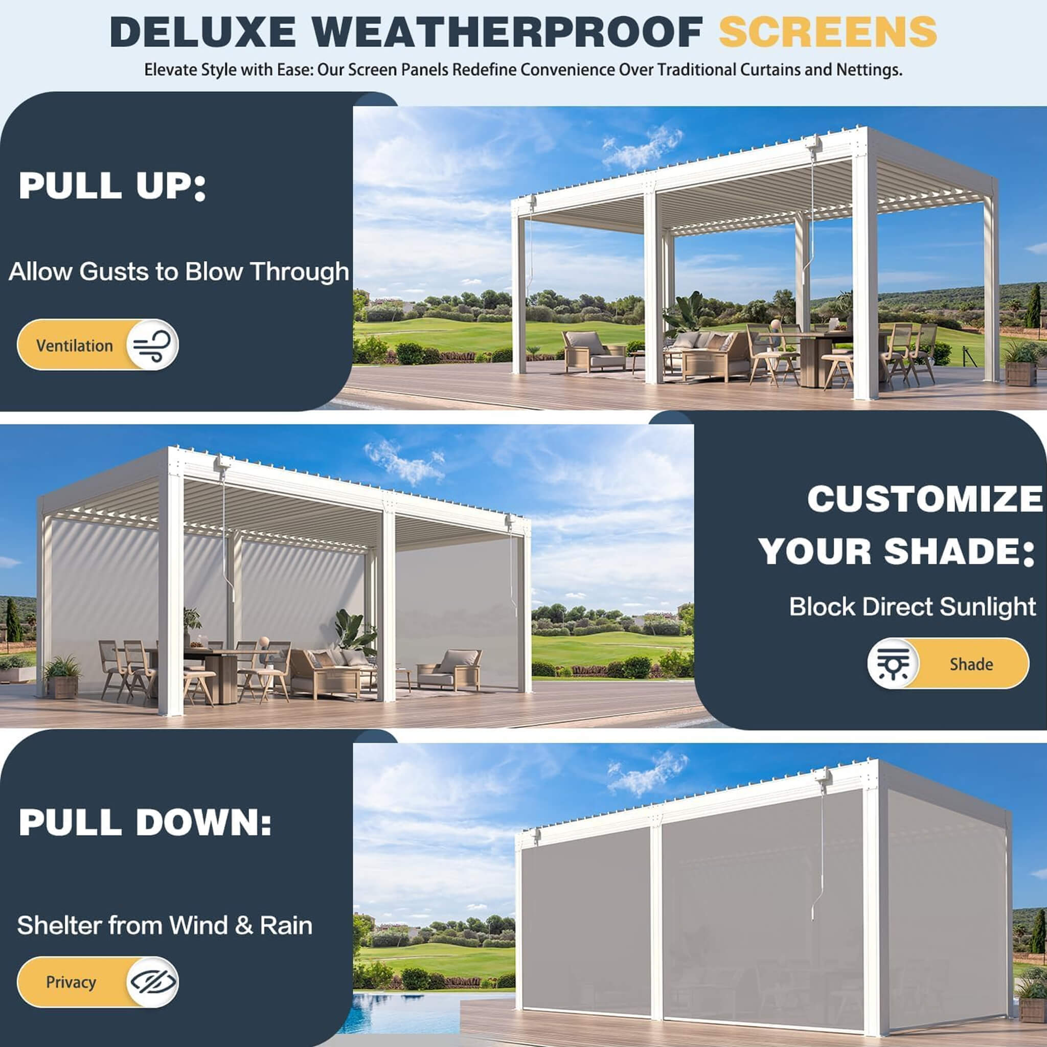 Alora White Louvered Aluminum Pergola With Adjustable Roof And Pull-Down Screens (SAK46817)