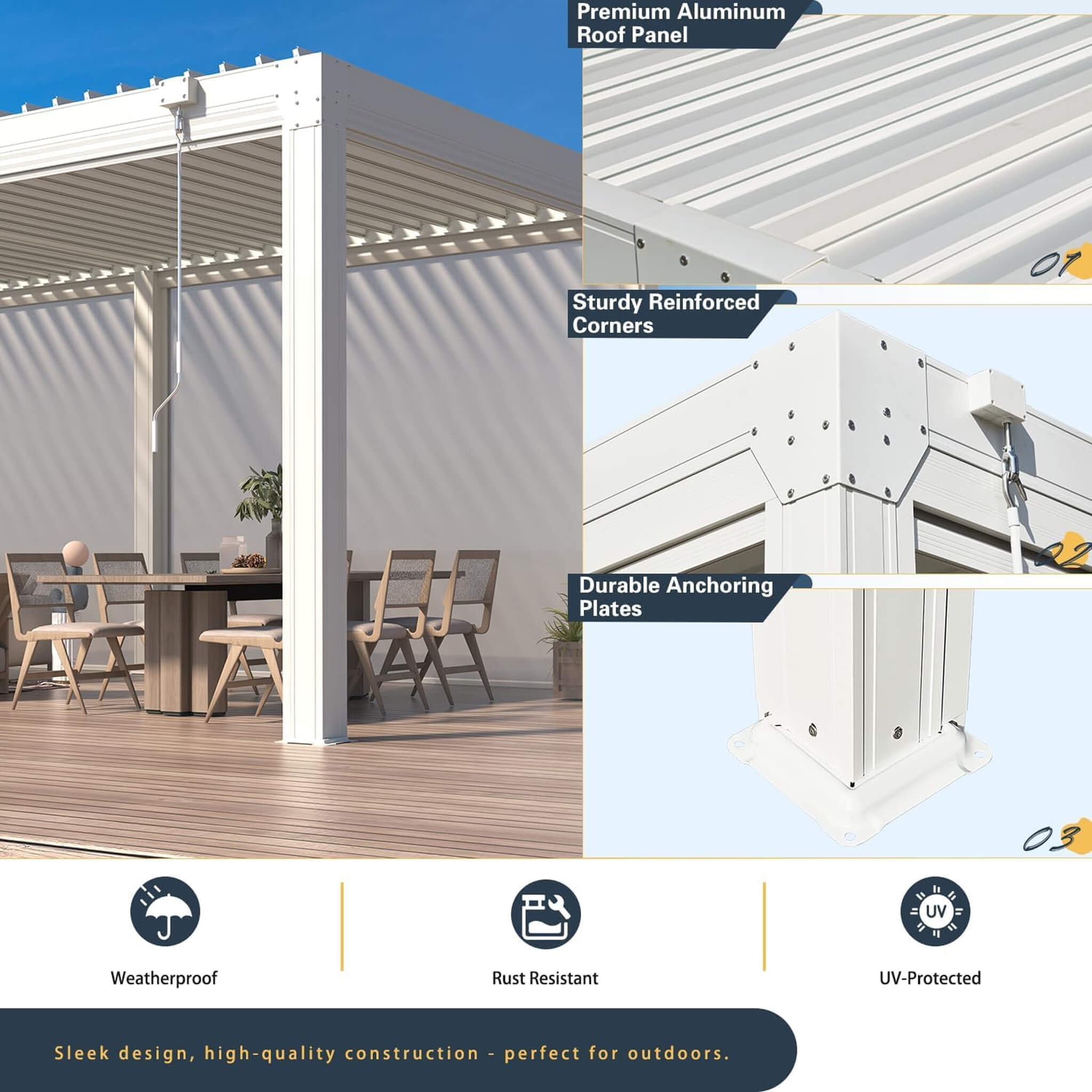 Alora White Louvered Aluminum Pergola With Adjustable Roof And Pull-Down Screens (SAK46817)