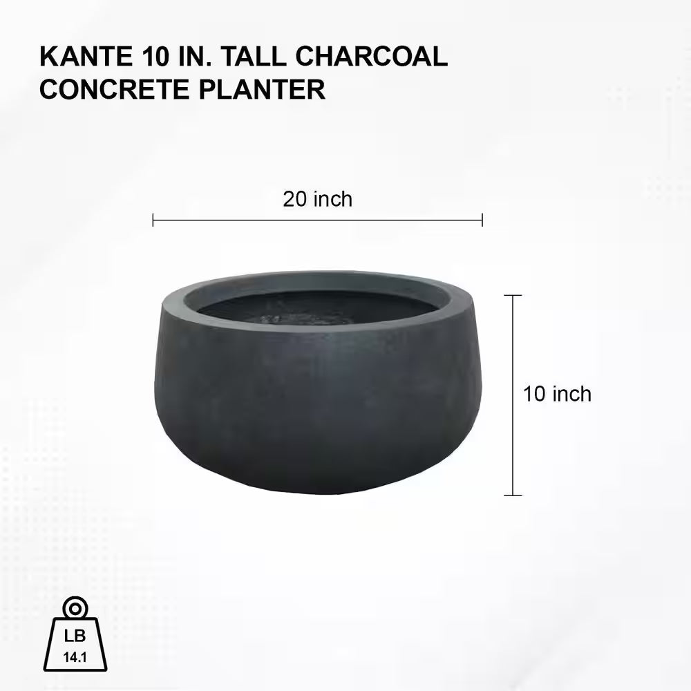 Medium 10 In. Tall Charcoal Lightweight Concrete round Outdoor Bowl Planter