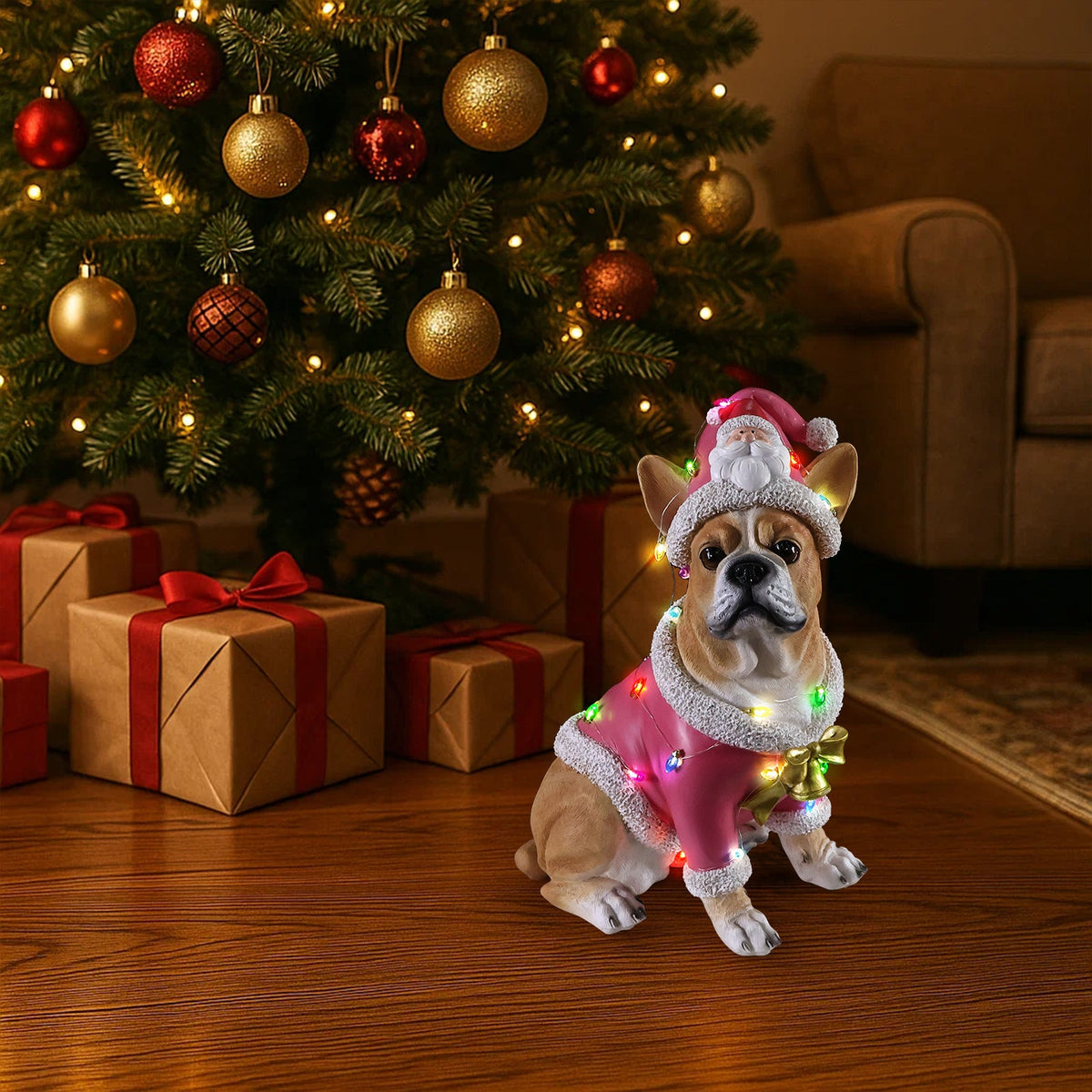 Christmas French Bulldog Statue with Pink Santa Outfit - Resin