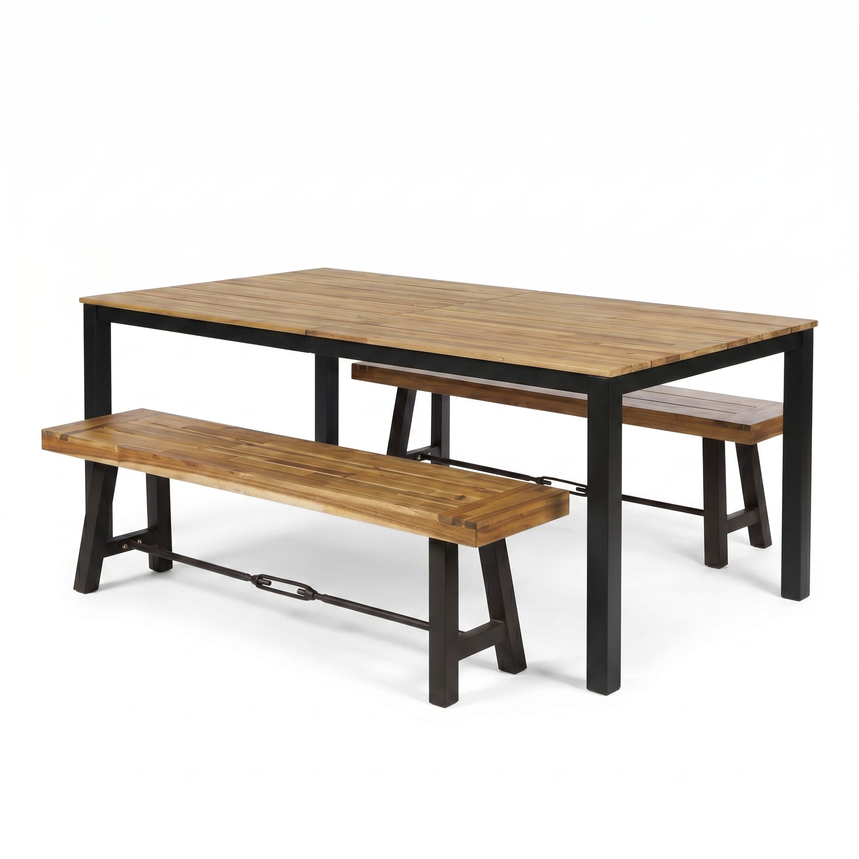 3-Piece Outdoor Acacia Wood Dining Set, 71" Rectangular Patio Table & 2 Benches