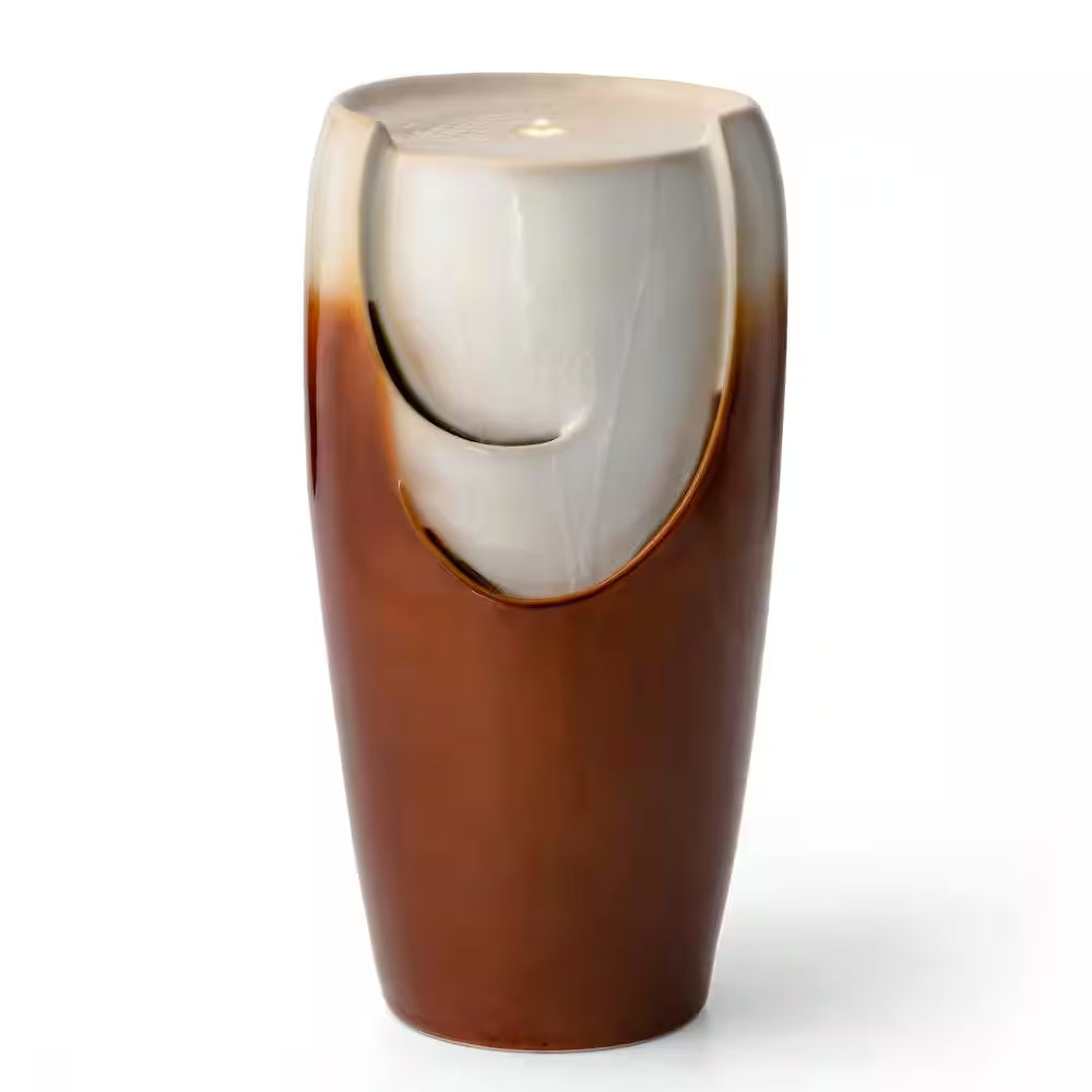 29.25 In. H Outdoor Oversized Sand Beige and Brown Glaze Ceramic Pot Water Floor Fountain with LED Light