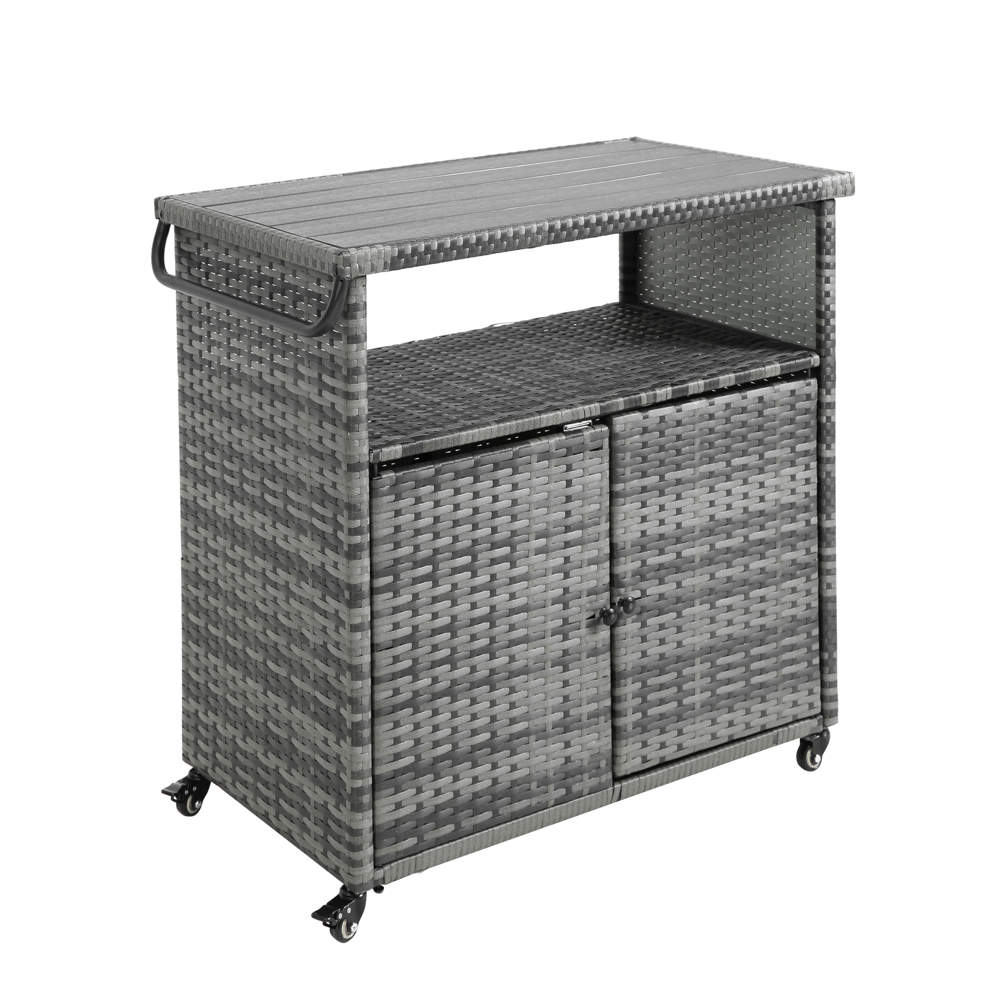 Outdoor Wicker Bar Cart with Glass Top and Wheels