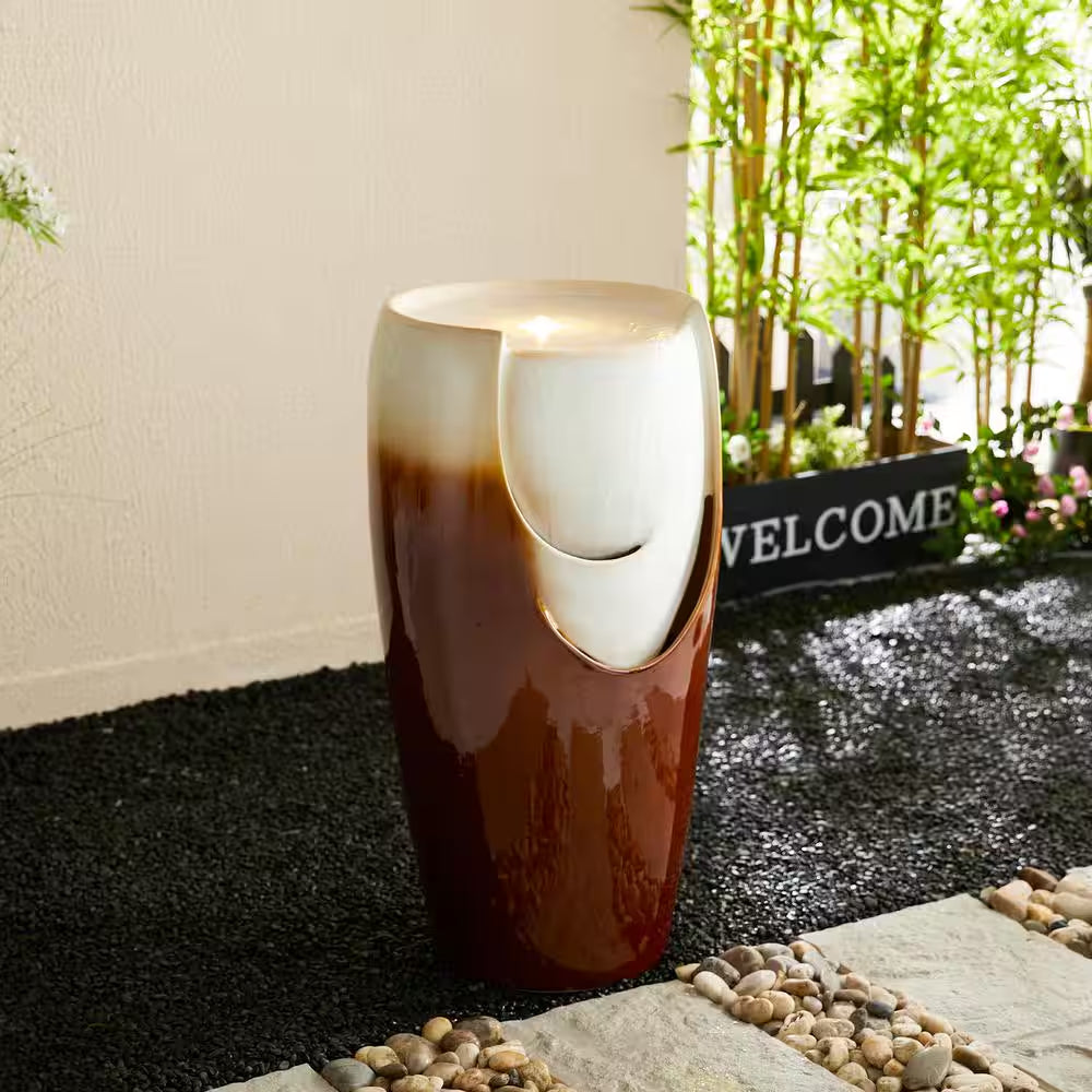 29.25 In. H Outdoor Oversized Sand Beige and Brown Glaze Ceramic Pot Water Floor Fountain with LED Light