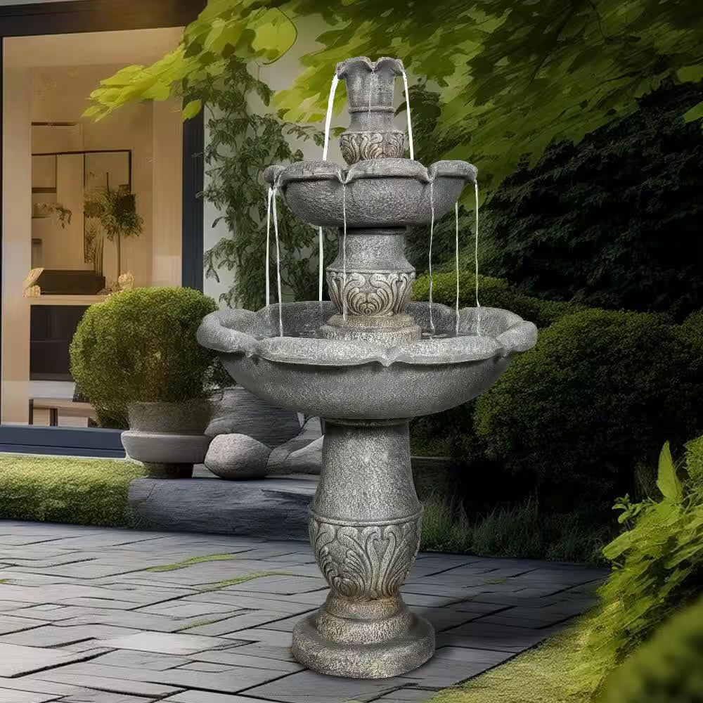 48.4 In. Cement Pedestal Waterfall Fountain - Outdoor Floor 3-Tier Pedestal Water Fountain and Birdbath for Garden, Lawn