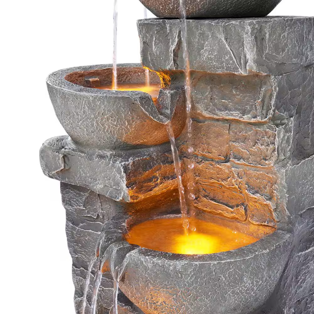 Zen Garden 33 In. Stone-Texture Polyresin Cascading Waterfall Fountain with LED Lights