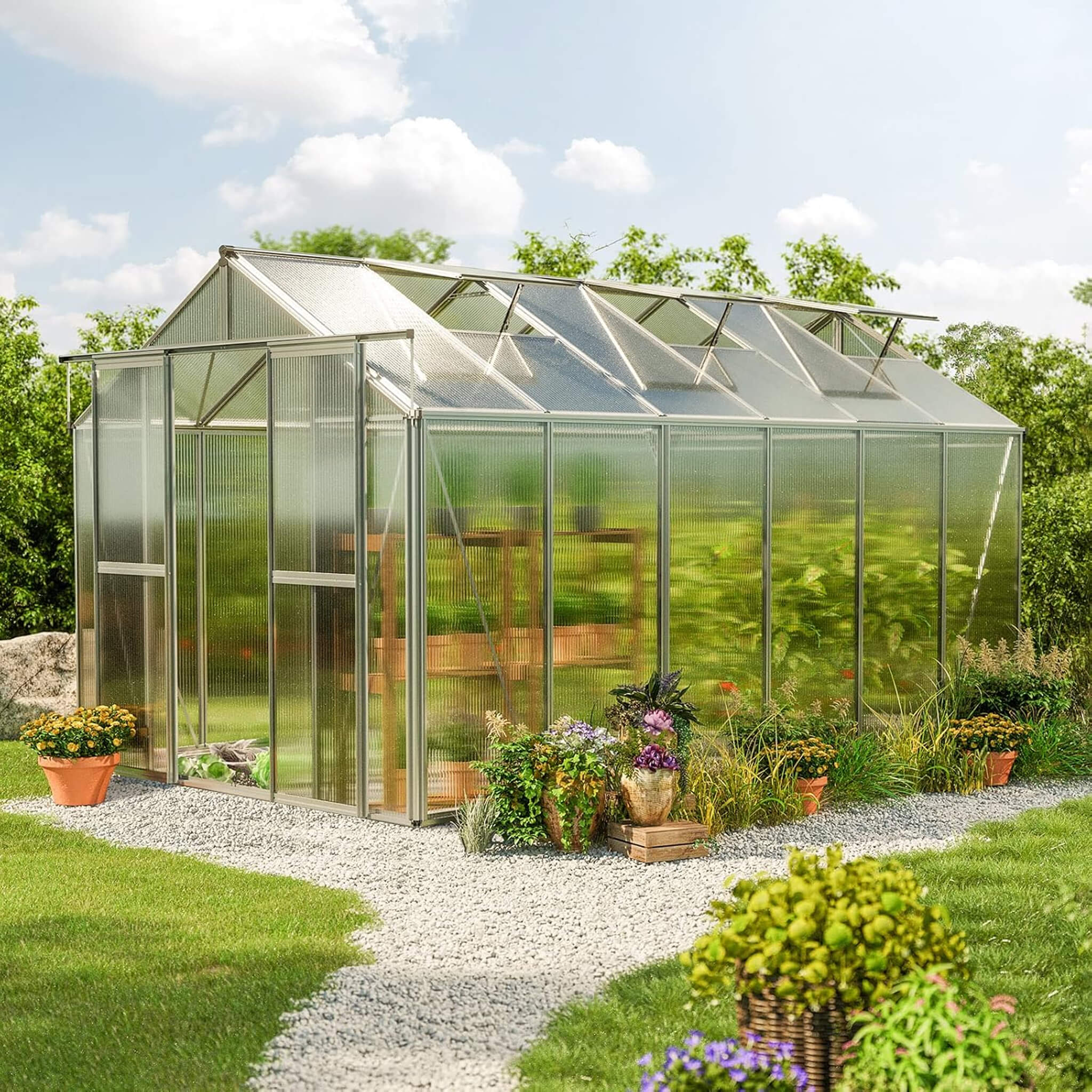 [08X12FT] Heavy-Duty Polycarbonate Outdoor Greenhouse With Aluminum Frame And Sliding Doors (SAK90426)