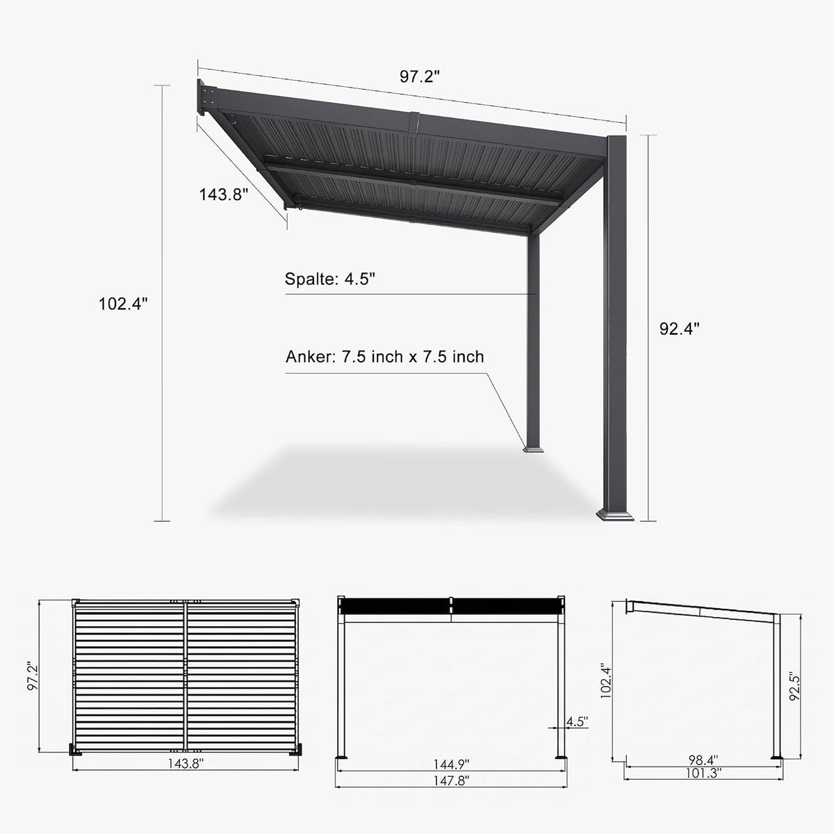 [08X12FT] Modern Wall-Mounted Louvered Pergola With Aluminum Frame