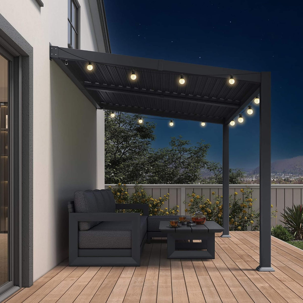 [08X12FT] Modern Wall-Mounted Louvered Pergola With Aluminum Frame