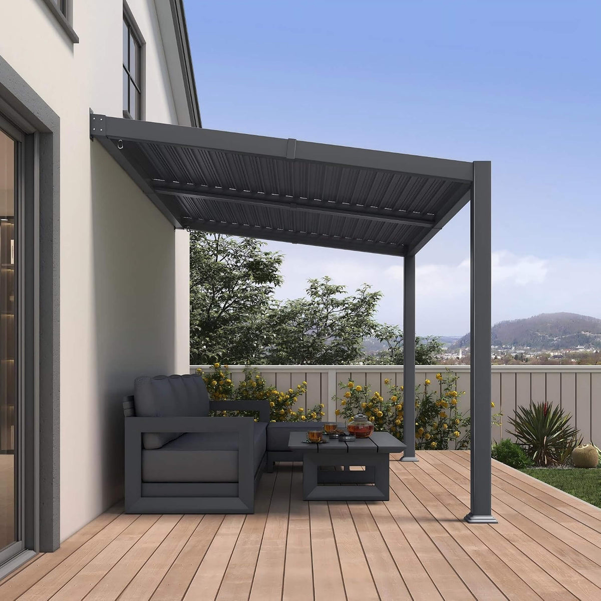 [08X12FT] Modern Wall-Mounted Louvered Pergola With Aluminum Frame