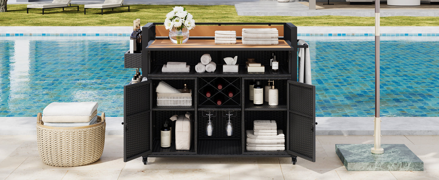 K&K 52.8"W Wicker Outdoor Grill Cart with Extended Table Top