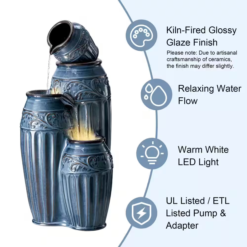 35.5 In. H Outdoor Oversized 4-Tiered Turquoise Embossed Pattern Ceramic Pots Floor Fountain with Pump and LED Light