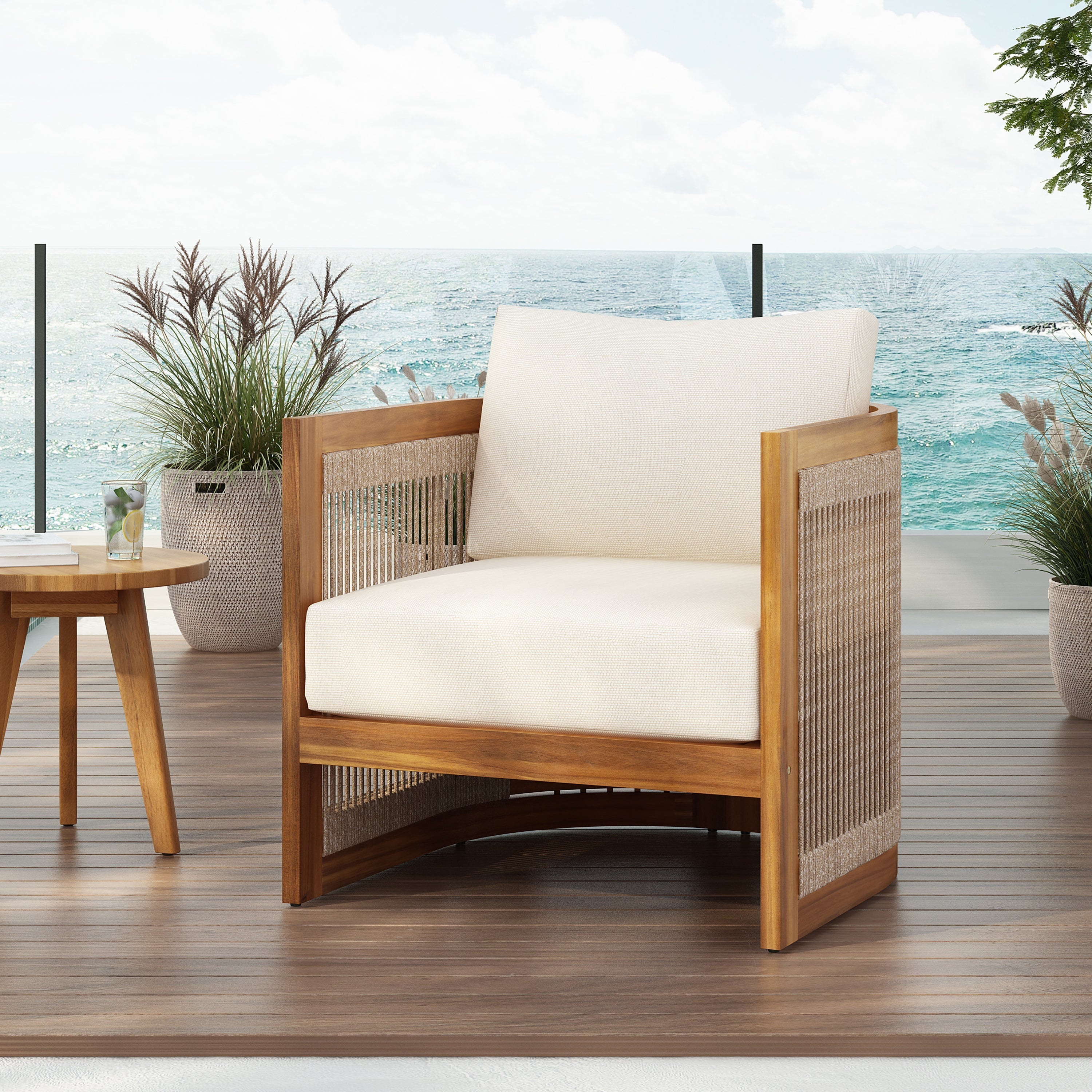 Premium Acacia Wood Outdoor Club Chair with Curved Tub Design