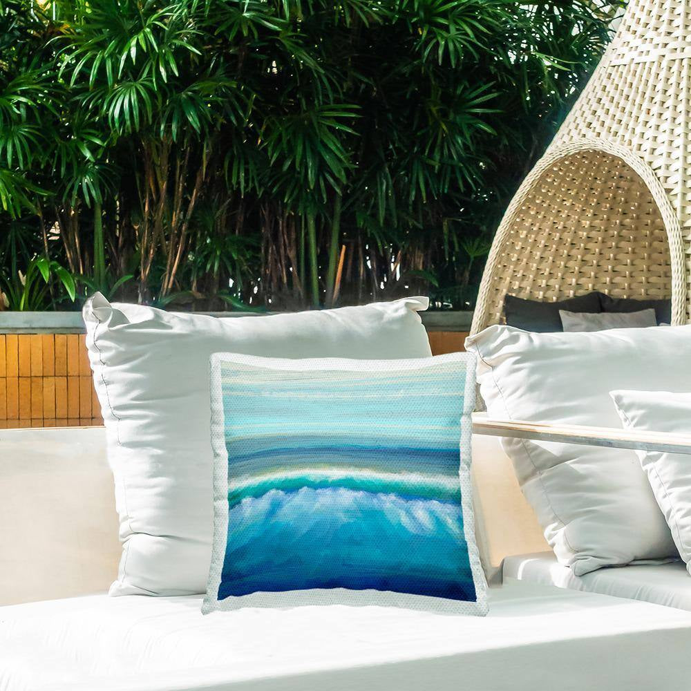 Rolling Beach Waves Shore Blue Square Outdoor Throw Pillow