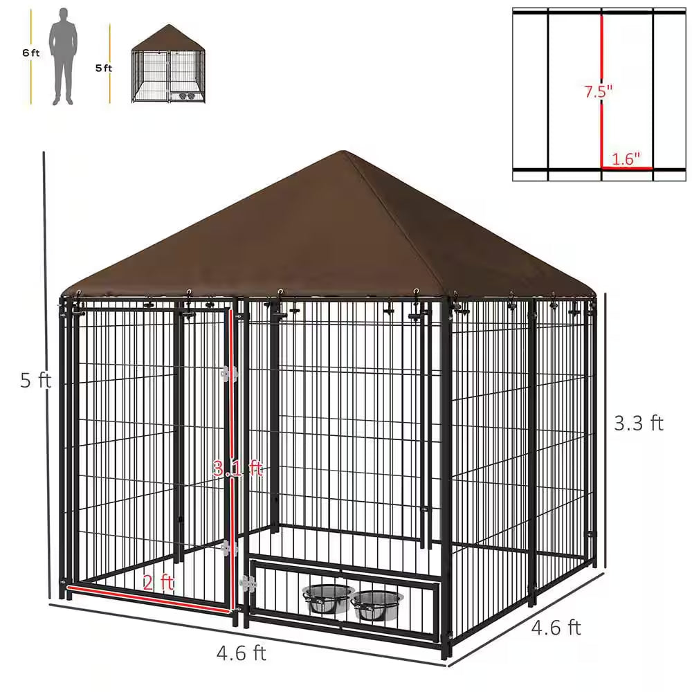 59.5 In. H Metal Garden Fence Outdoor Dog Kennel with Canopy and Rotating Bowl