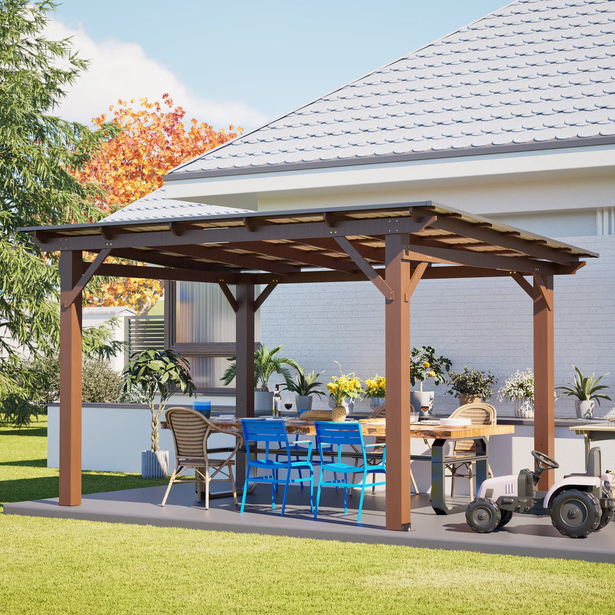 Wooden Garden Gazebo with Metal Roof - 13x10ft Outdoor Pergola - Brown
