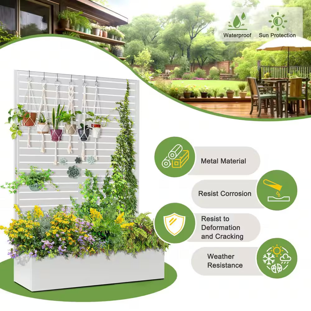 47 In. L X 16 In. W X 71 In. H Metal Raised Garden Planter Box Trellis-White Rectangle Pot Climbing Plants Cucumbers