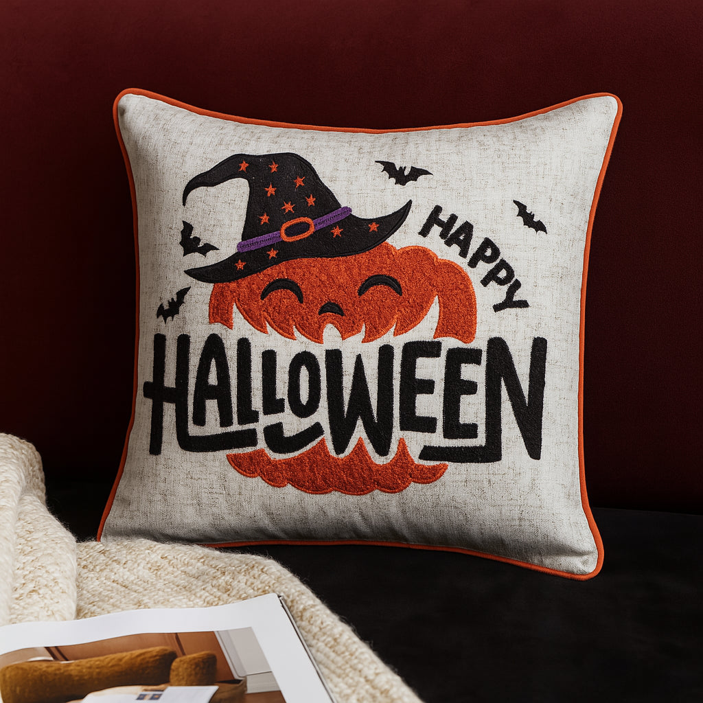 Embroidered Halloween Pumpkin Accent Pillow with Festive Detailing - Neutral