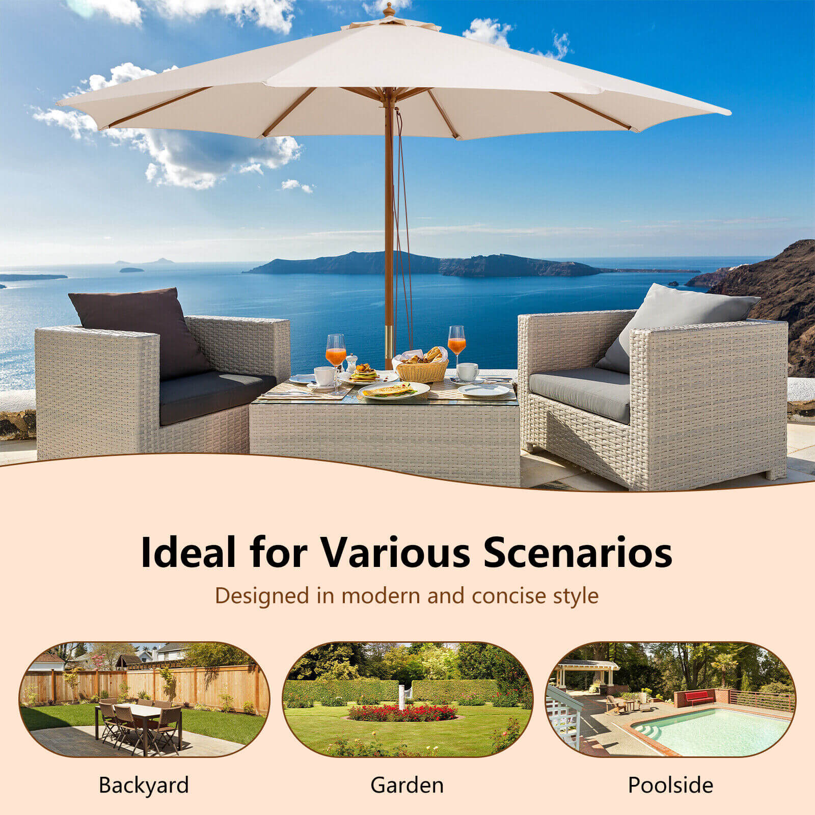 10 Feet Patio Umbrella with 8 Wooden Ribs and 3 Adjustable Heights-Beige