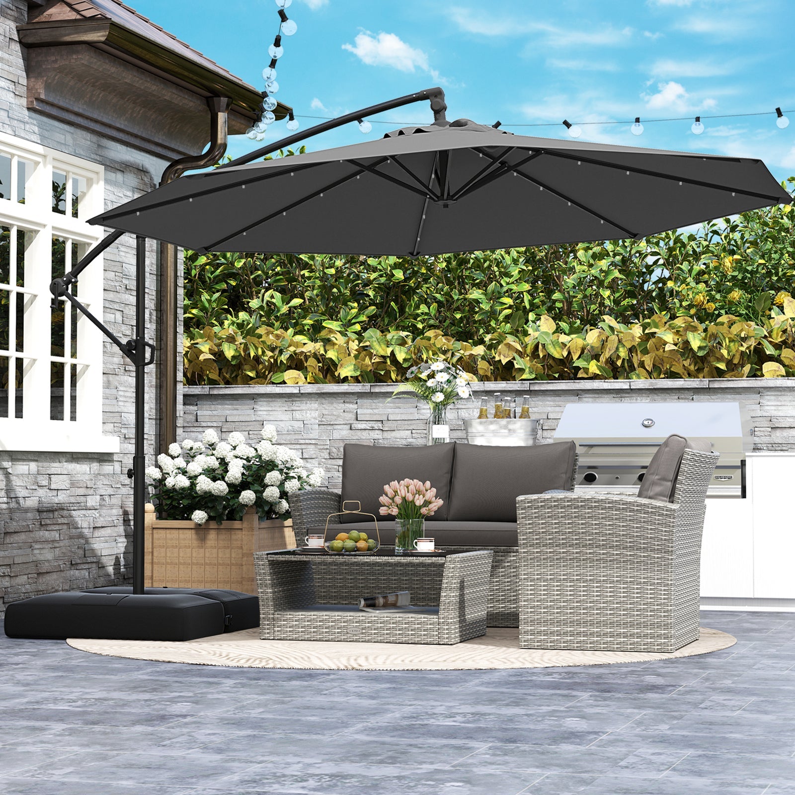 10 Feet Solar Offset Hanging Umbrella with Base and 32 LED Lights-Gray