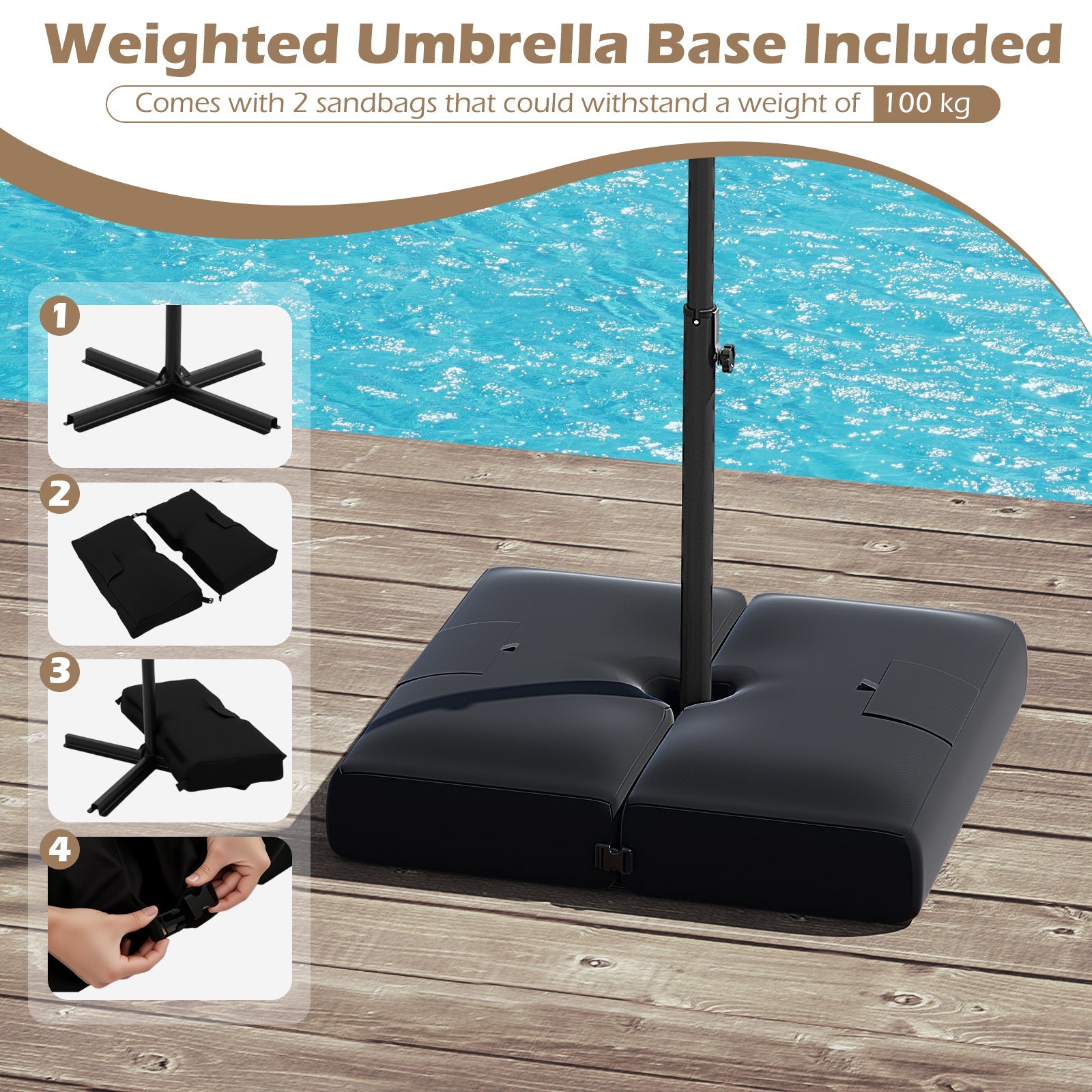 10 Feet Solar Offset Hanging Umbrella with Base and 32 LED Lights-Taupe