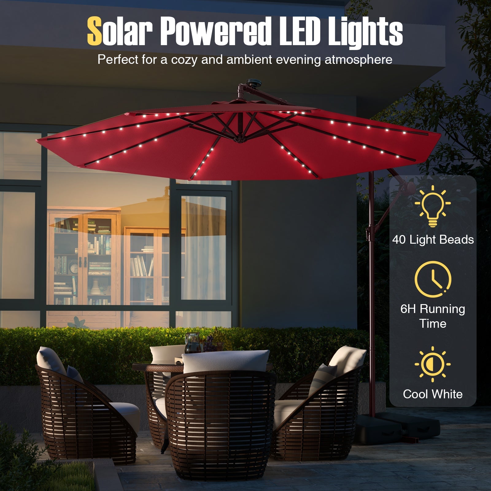 10 Ft Patio Umbrella Offset Cantilever Umbrella with 40 Solar Powered Lights-Red