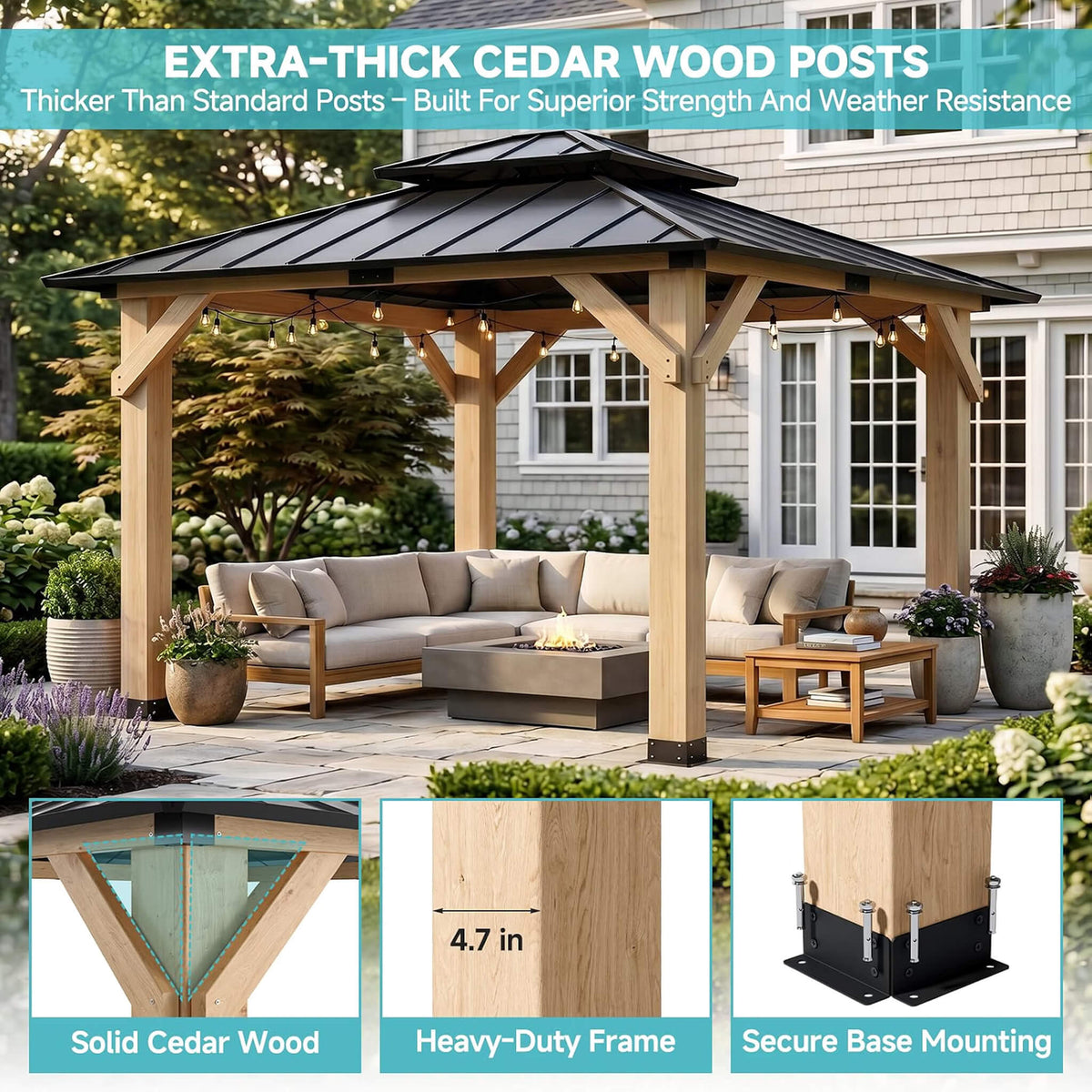 Permanent Galvanized Steel Double Roof Cedar Wood Gazebo [10X10FT]