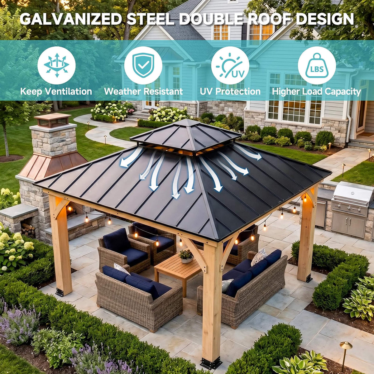 Permanent Galvanized Steel Double Roof Cedar Wood Gazebo [10X10FT]