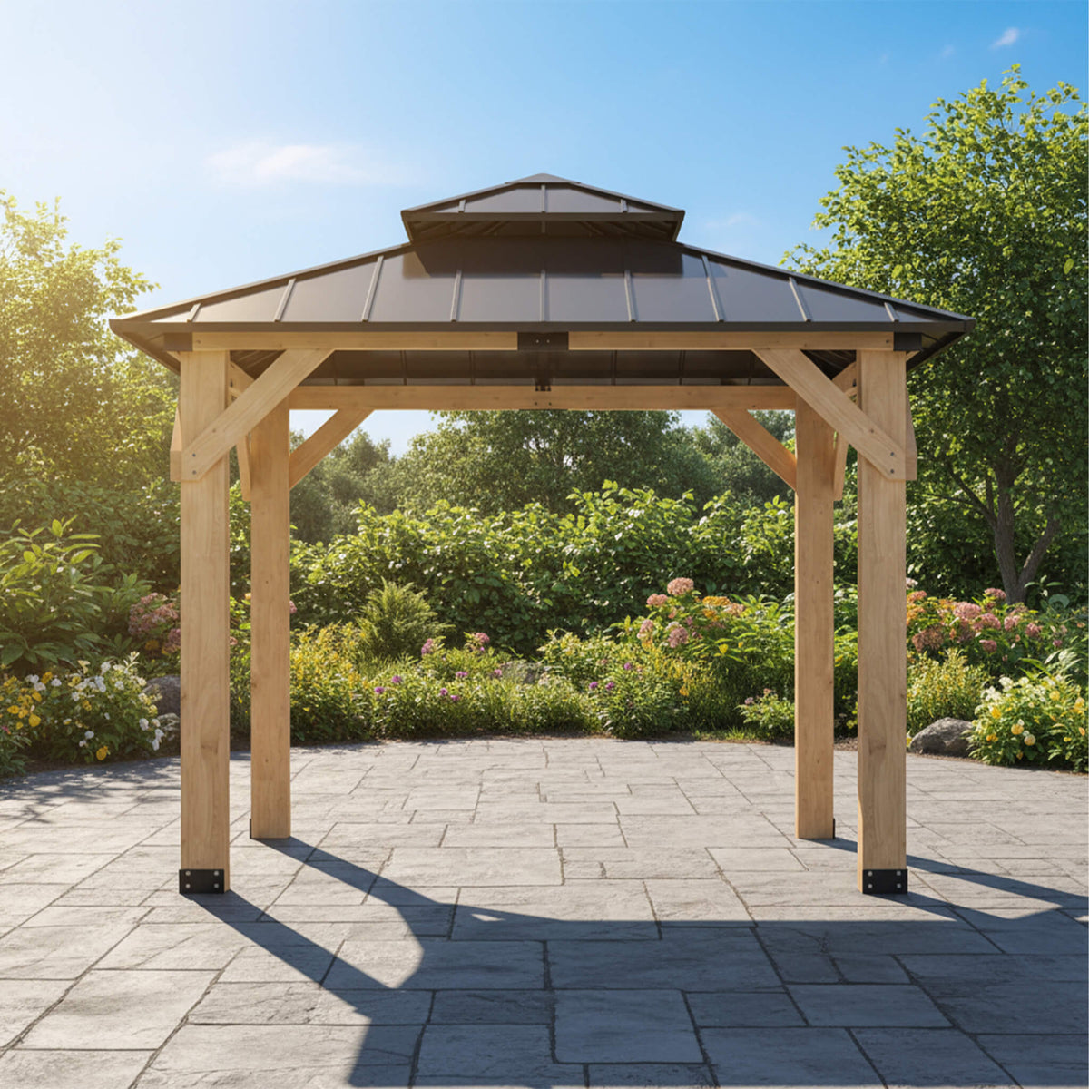 Permanent Galvanized Steel Double Roof Cedar Wood Gazebo [10X10FT]