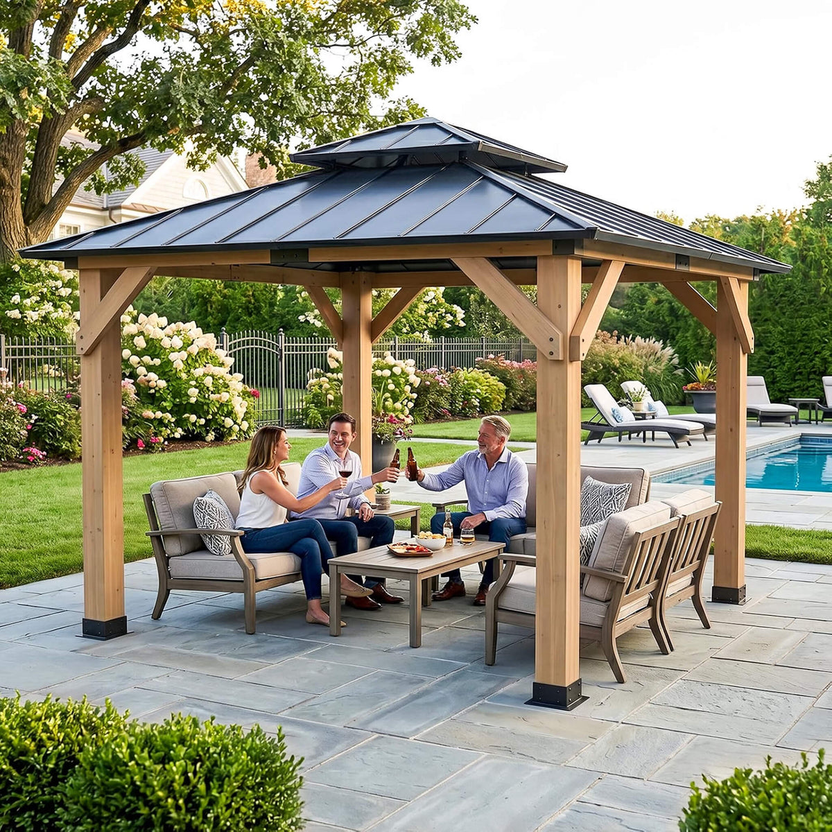 Permanent Galvanized Steel Double Roof Cedar Wood Gazebo [10X10FT]