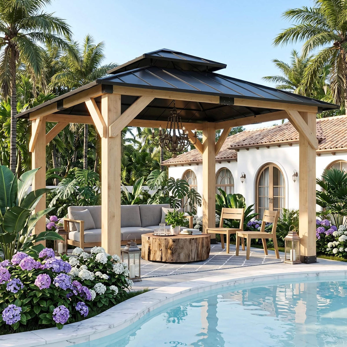 Permanent Galvanized Steel Double Roof Cedar Wood Gazebo [10X10FT]