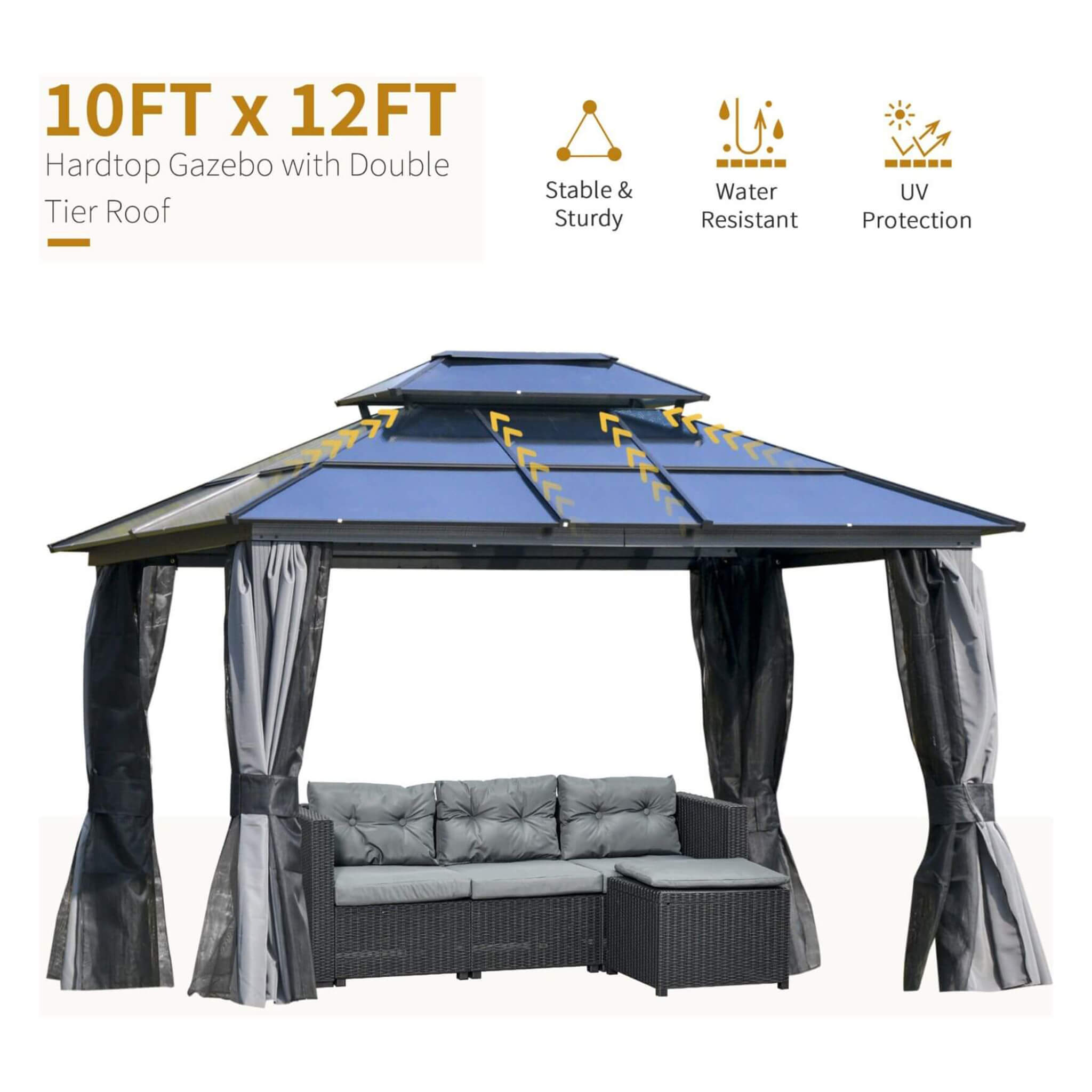 Alora Hardtop Gazebo Canopy With Polycarbonate Double Roof, Netting, And Curtains [10X12FT]