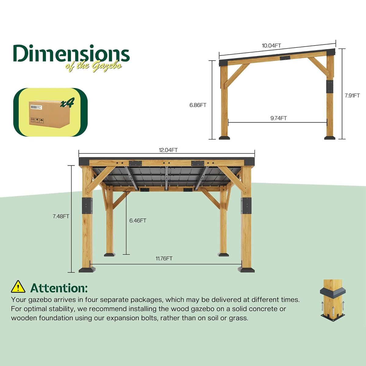 Heavy-Duty Sloped Galvanized Steel Roof Cedar Wood Gazebo [10X12FT]