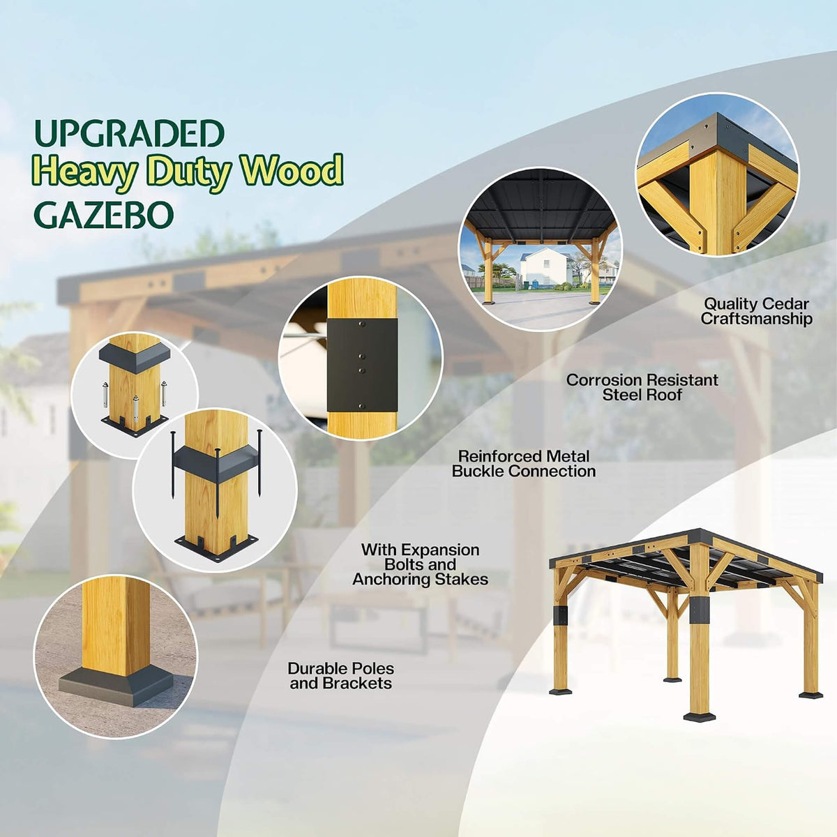 Heavy-Duty Sloped Galvanized Steel Roof Cedar Wood Gazebo [10X12FT]