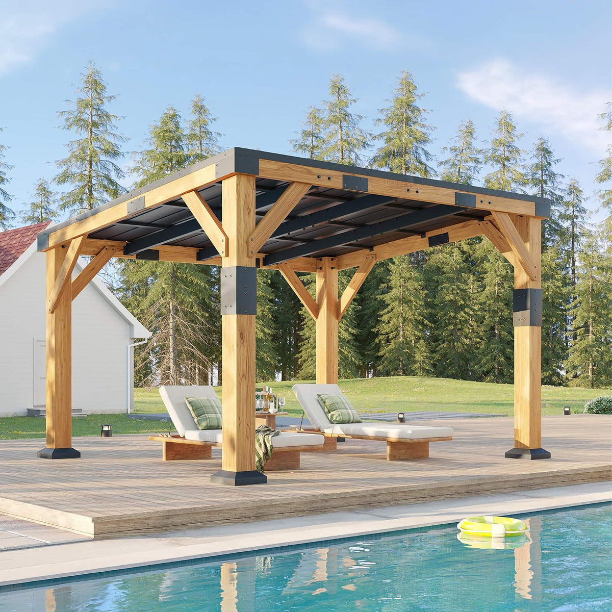 Heavy-Duty Sloped Galvanized Steel Roof Cedar Wood Gazebo [10X12FT]