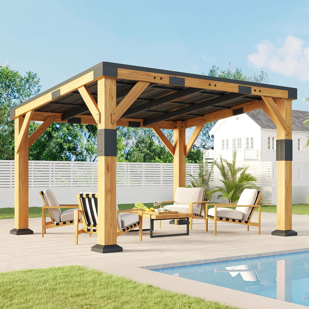 Heavy-Duty Sloped Galvanized Steel Roof Cedar Wood Gazebo [10X12FT]