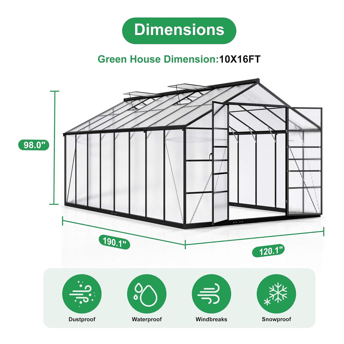 [10X16FT] Premium Walk-In Polycarbonate Greenhouse With Aluminum Frame