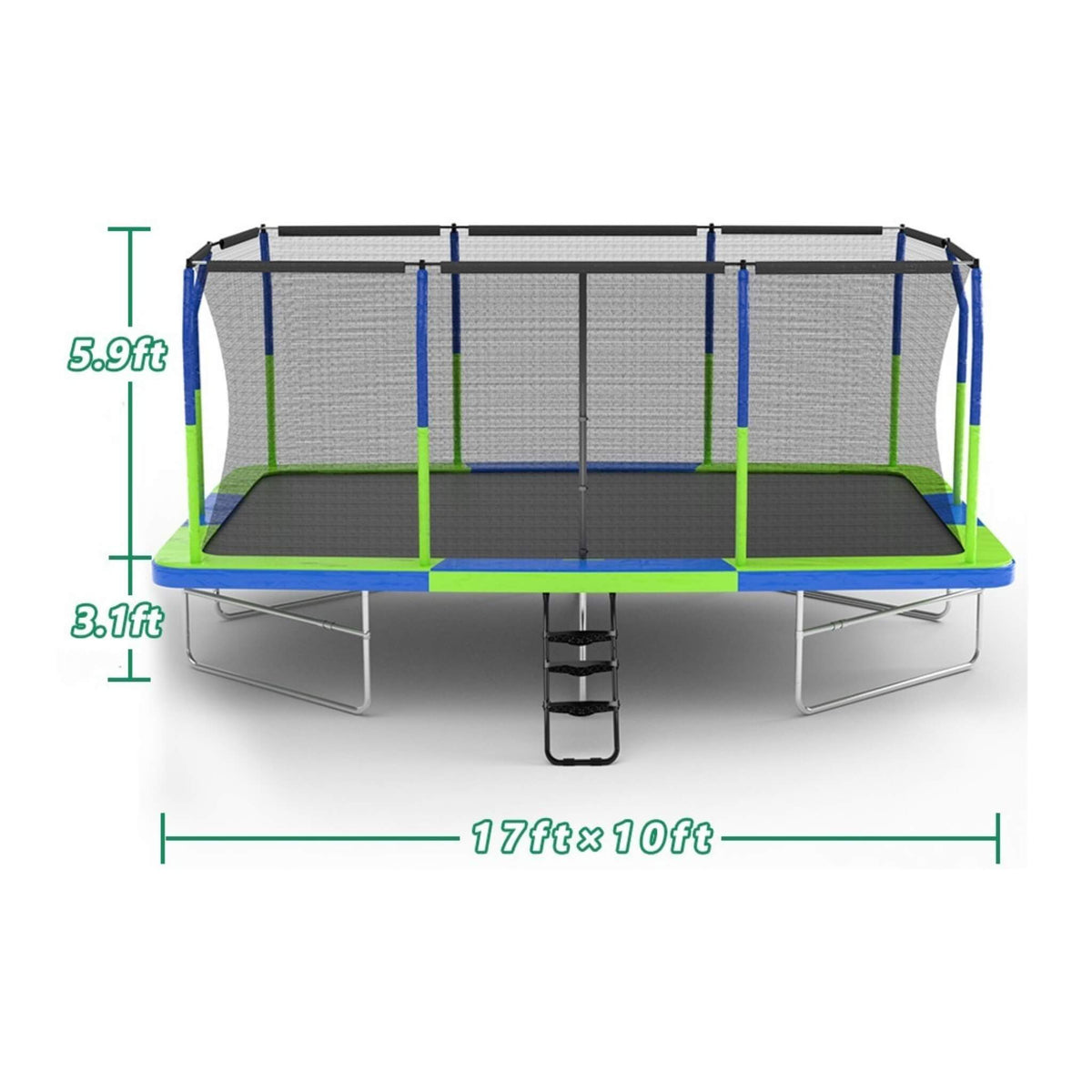 Premium Rectangular Trampoline With 10 Poles And Crossbeam [10X17FT]
