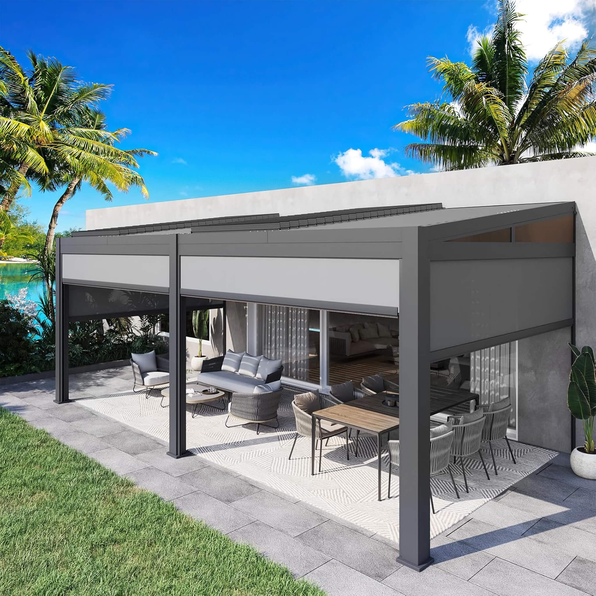 [10X20FT] Alora Luxury Wall-Mounted Aluminum Louvered Pergola With Pull-Down Screens (SAK91537)