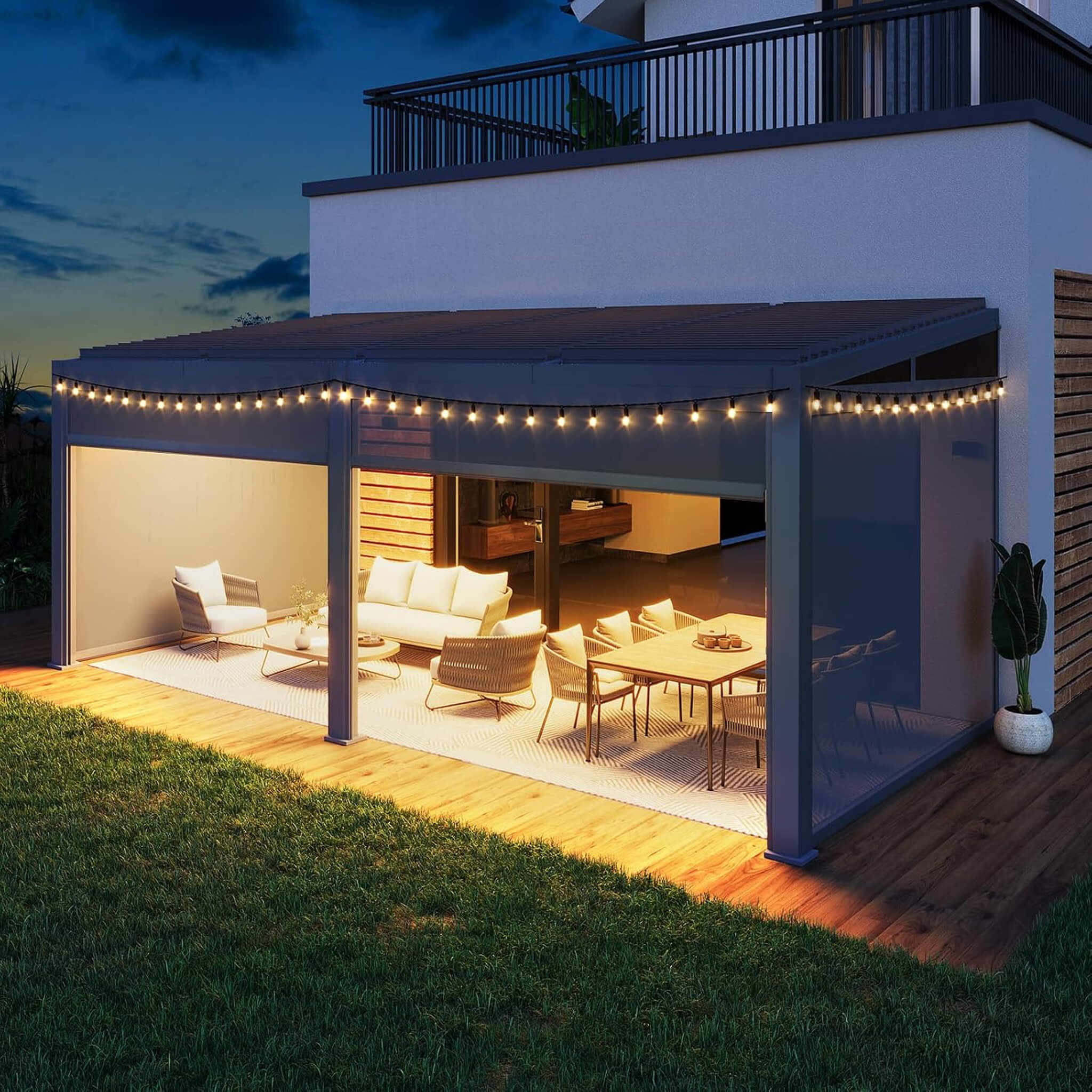 [10X20FT] Alora Luxury Wall-Mounted Aluminum Louvered Pergola With Pull-Down Screens (SAK91537)