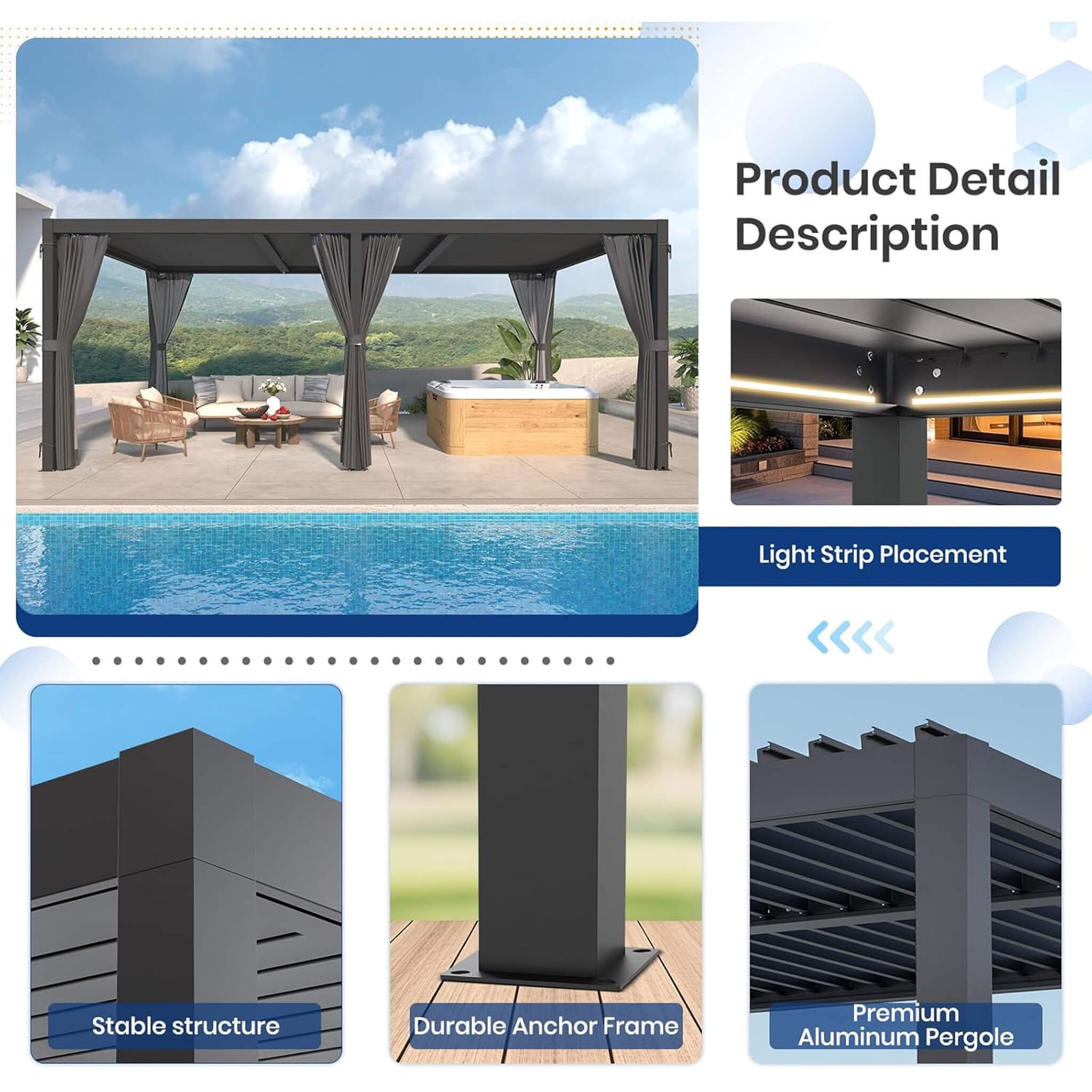 [10X20FT] Alora Premium Louvered Pergola With Curtains And Netting (SAK67041)